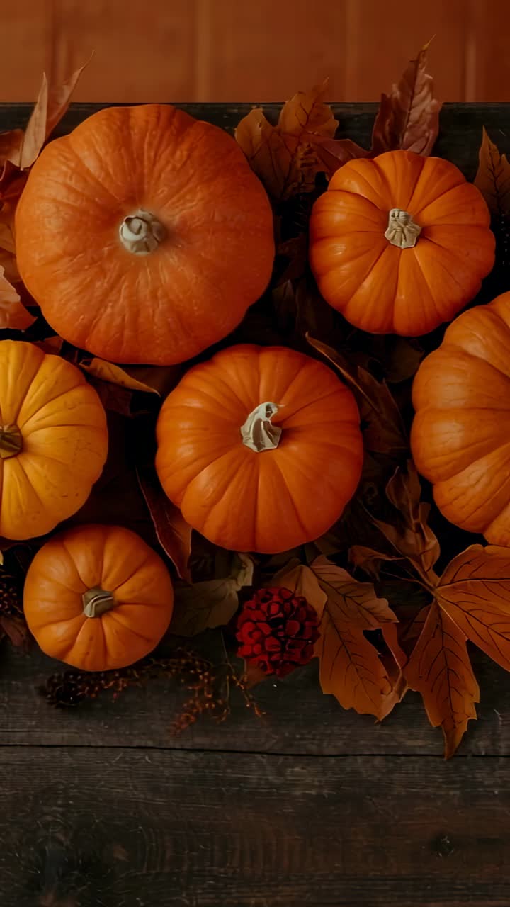 Vertical video: Start zooming camera into pumpkin on table amid leaves highlighting textures