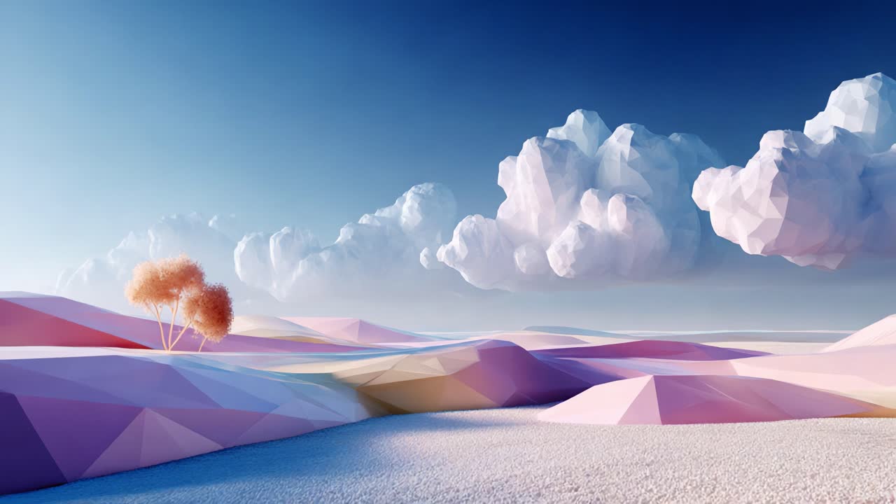Un paesaggio sereno che mostra un mondo poligonale vivace, dove dolci colline rosa incontrano nuvole soffici, evocando un senso di tranquillità e bellezza artistica in un'atmosfera surreale