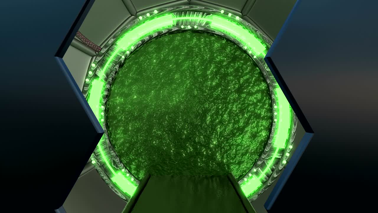 Iron hatch opens panoramic view to the spaceship landscape scene. 3d abstract background of Sci-fi corridor with portal. Futuristic technology abstract VJ for tech titles and background.