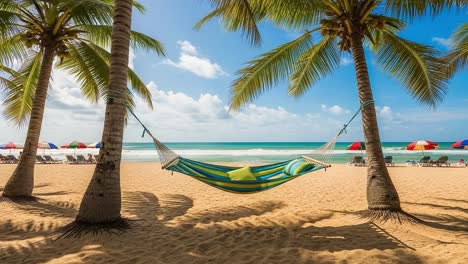 A Serene Beach Oasis: Relaxing in a Colorful Hammock Surrounded by Palm Trees and Gentle Ocean Waves Under a Bright Blue Sky