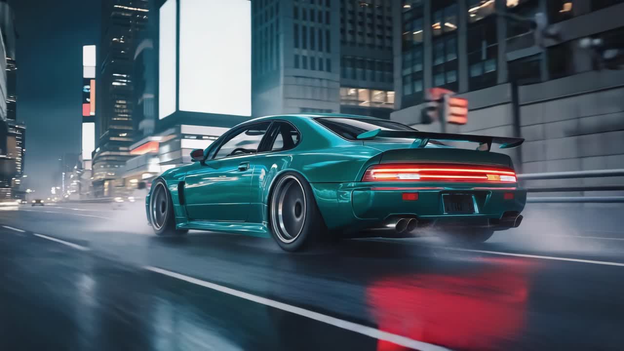 A teal sports car speeding through a futuristic city at night