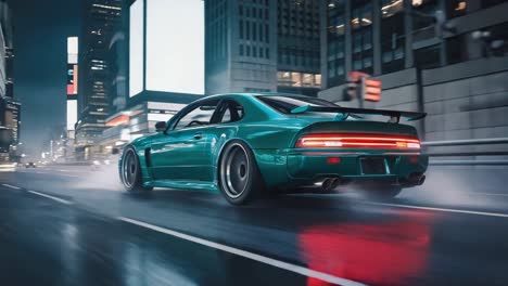 a teal sports car speeding through a futuristic city at night