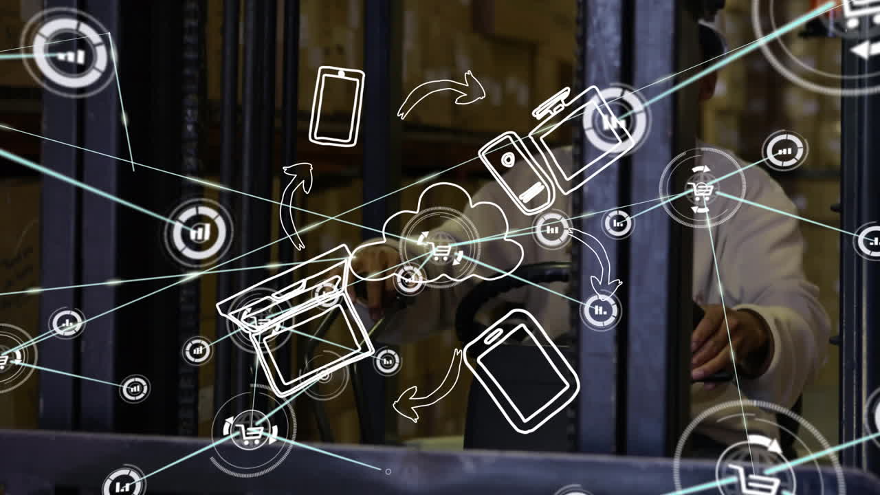 창고에서 일하는 포크리프트에 있는 사람 위의 아이콘과 연결 네트워크의 애니메이션