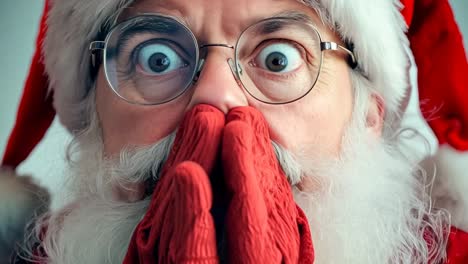 a man in a santa claus hat and glasses covering his mouth with his hands