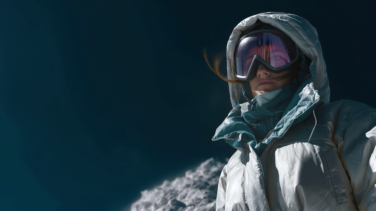 Un pico nevado se eleva detrás de un esquiador con chaqueta blanca. Las gafas reflejan el aire frío de la montaña. El viento despeina el cabello alrededor del rostro encapuchado. El esquiador se mantiene erguido, listo para descender. Ideal para deportes de invierno, aventura.