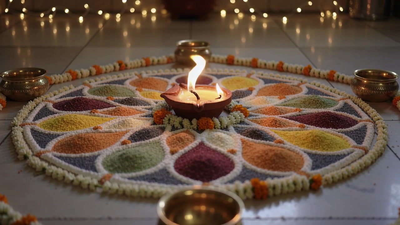 Recording circular rangoli showing central clay diya flickering on tiled floor for festival display