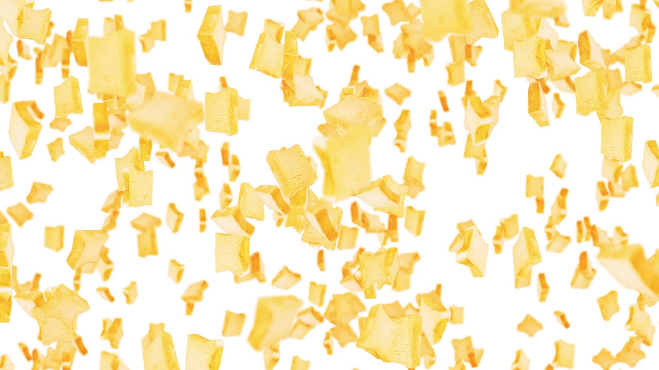 Flying many plain bread slices on white background. Foodstuff, Food and eating concept. 3D animation of wheat bread slice rotating. Loop animation.
