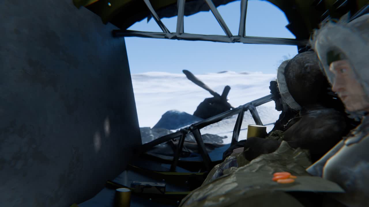 3D Animation of a crew sheltering and eating food inside crashed airplane in Antarctica