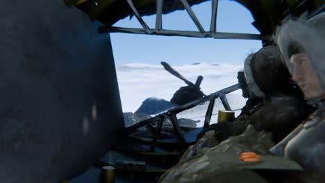 3d animation of a crew sheltering and eating food inside crashed airplane in antarctica