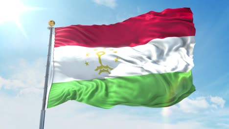 la bandera de tayikistán ondeando en el viento contra el cielo azul profundo. tema nacional, concepto internacional. renderización 3d de bucle sin costuras 4k