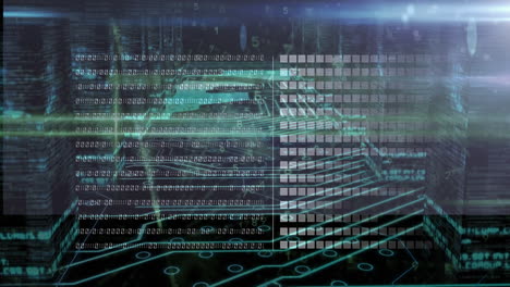 animación de codificación binaria, procesamiento de datos sobre una placa de circuito de computadora brillante