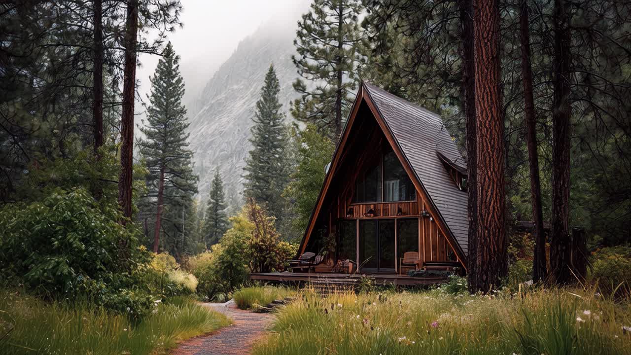 Serene a frame cabin nestled in misty forest landscape