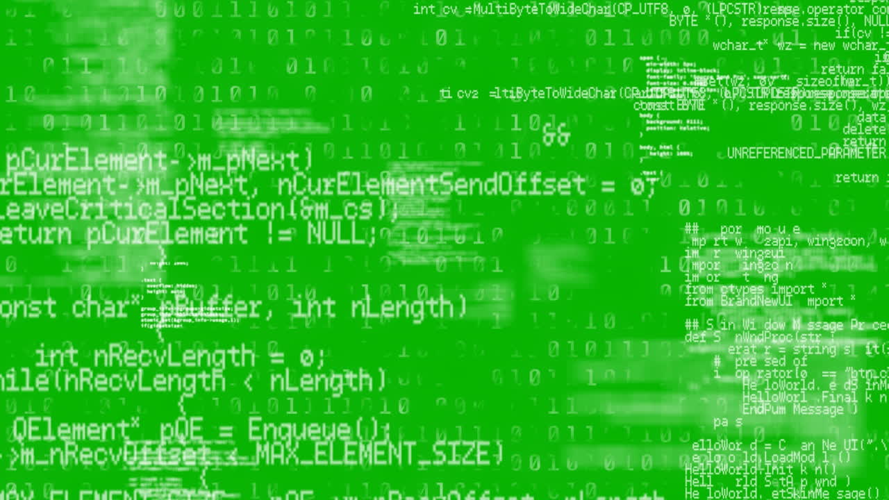 Animation of data processing and binary coding over green background