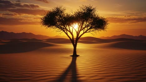 a breathtaking sunset casts its warm glow behind a lone tree in the vast desert landscape, beautifully captured during the enchanting golden hour