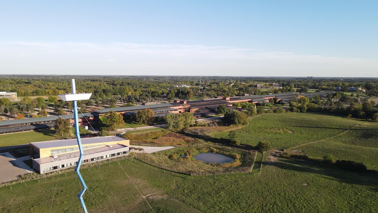 Domino Farms in Ann Arbor, Michigan, aerial drone ascend view