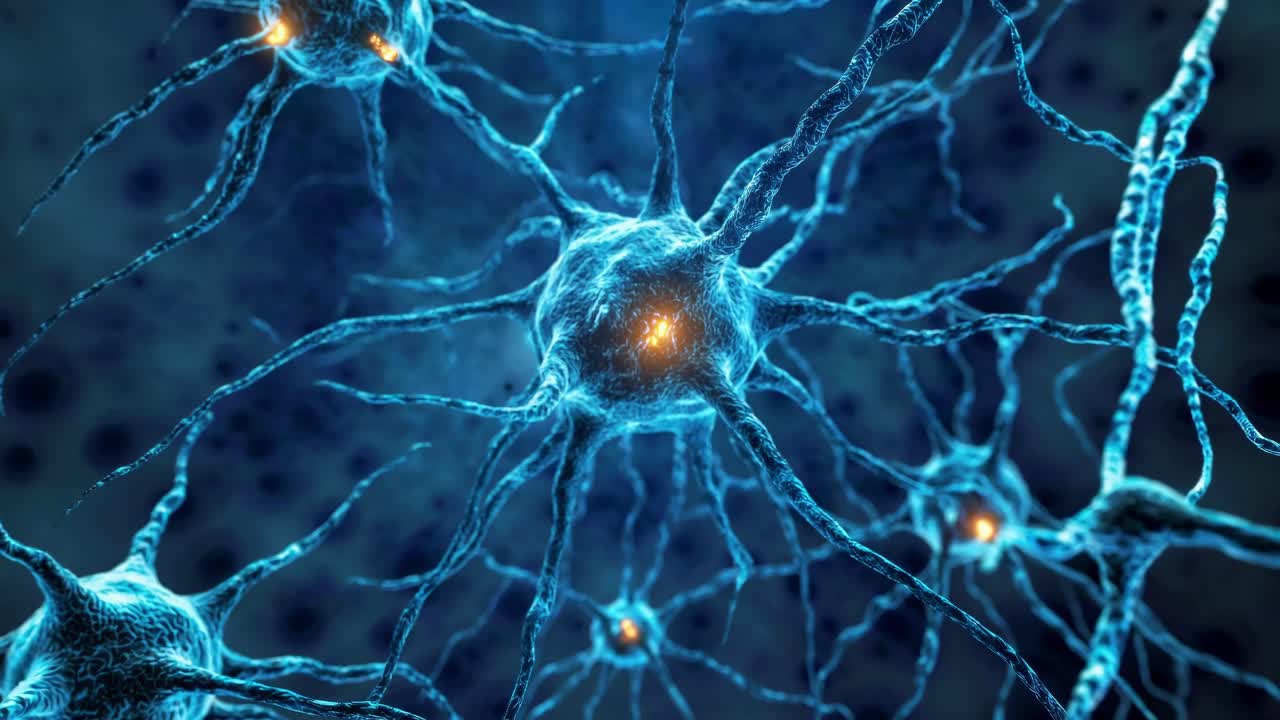 Close-up video of glowing blue neurons, captured from a dynamic angle, illustrating the complexity