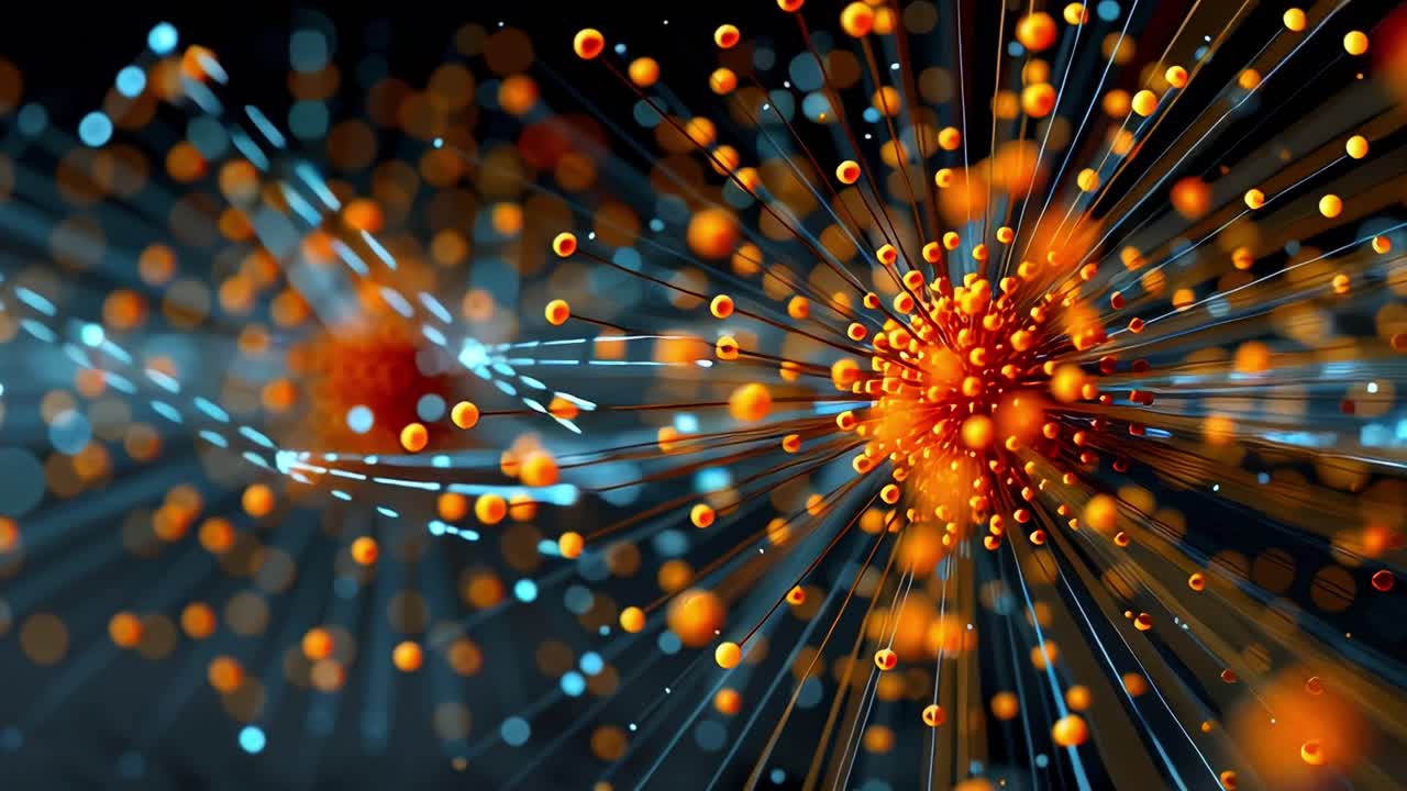 A mesmerizing visualization of vibrant particles traveling through a dark atmosphere, showcasing dynamic interactions of energy and motion with stunning detail and vivid coloration