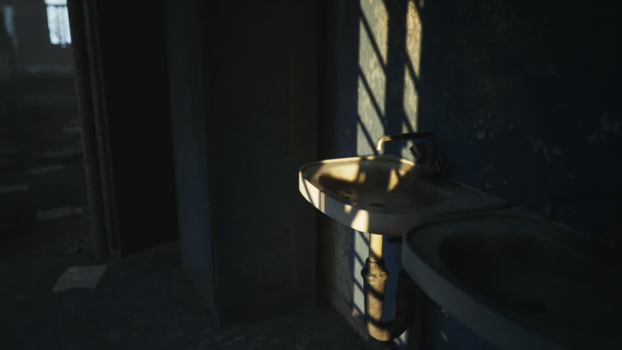 Luce naturale filtra attraverso una finestra impolverata su vecchi sanitari del bagno.