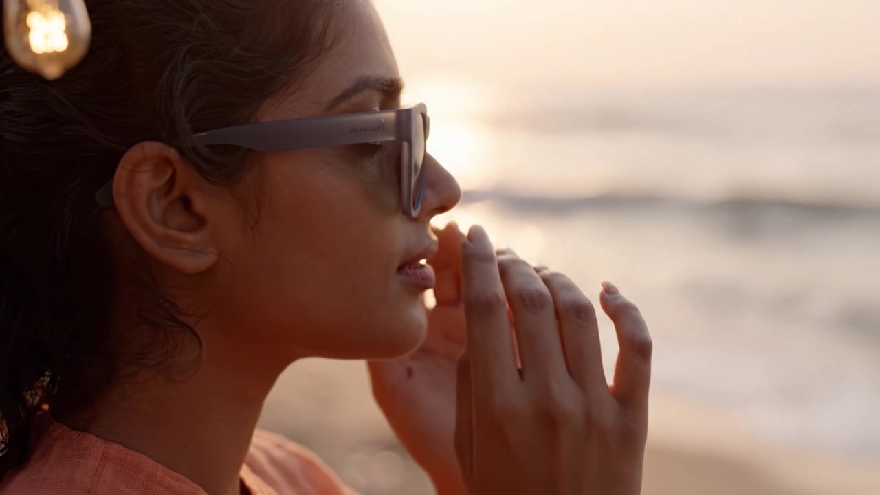 Una donna si gode un momento sereno sulla spiaggia, con occhiali da sole, mentre guarda l'orizzonte illuminato dal sole sopra le calme onde dell'oceano al tramonto, abbracciando la bellezza della natura.