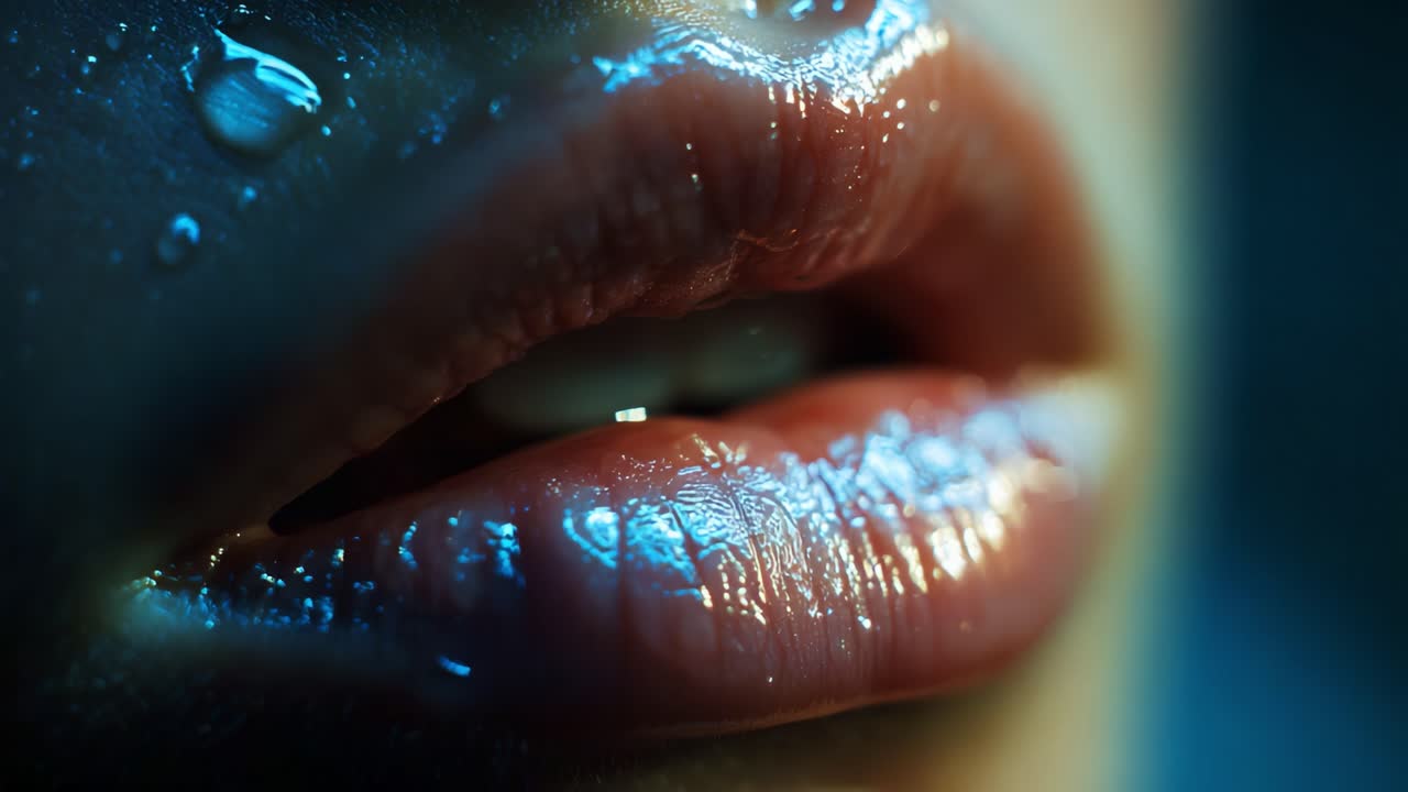 Close-up of Glossy, Moist Lips with Water Drops, Capturing a Sensual and Intimate Moment, Highlighting the Natural Beauty of Full, Luscious Lips in a Dimly Lit Setting
