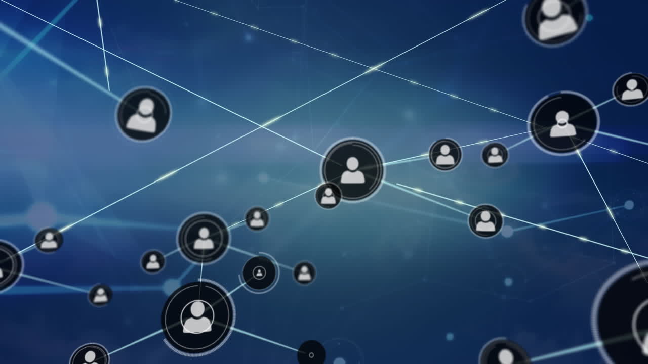 Animation of profile icons and dots interconnecting with lines with circuit board against clouds