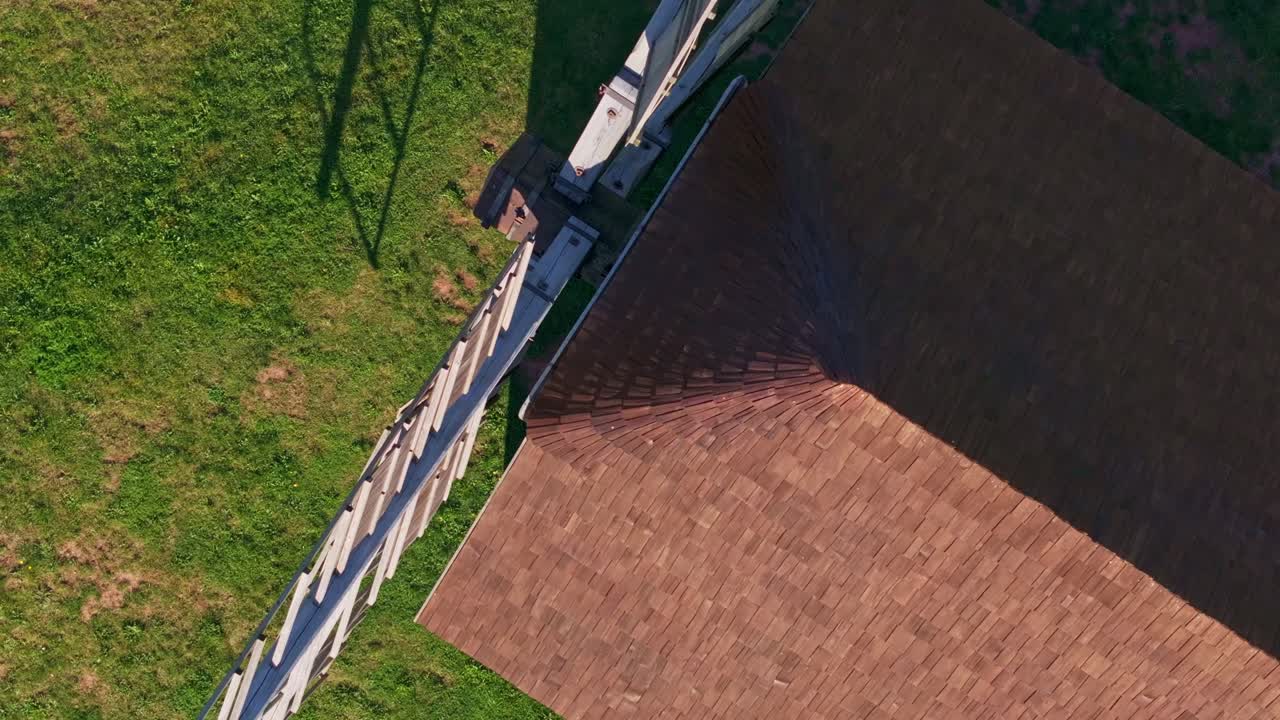 Aerial frame of Borovnicky Mlyn windmill standing among open plains