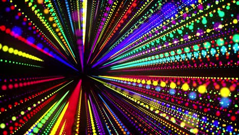 abstract 3d loop background with glowing particles lined up in a row in 3d space. festive vj loop with multicolored particles and smooth animated camera. motion design background.