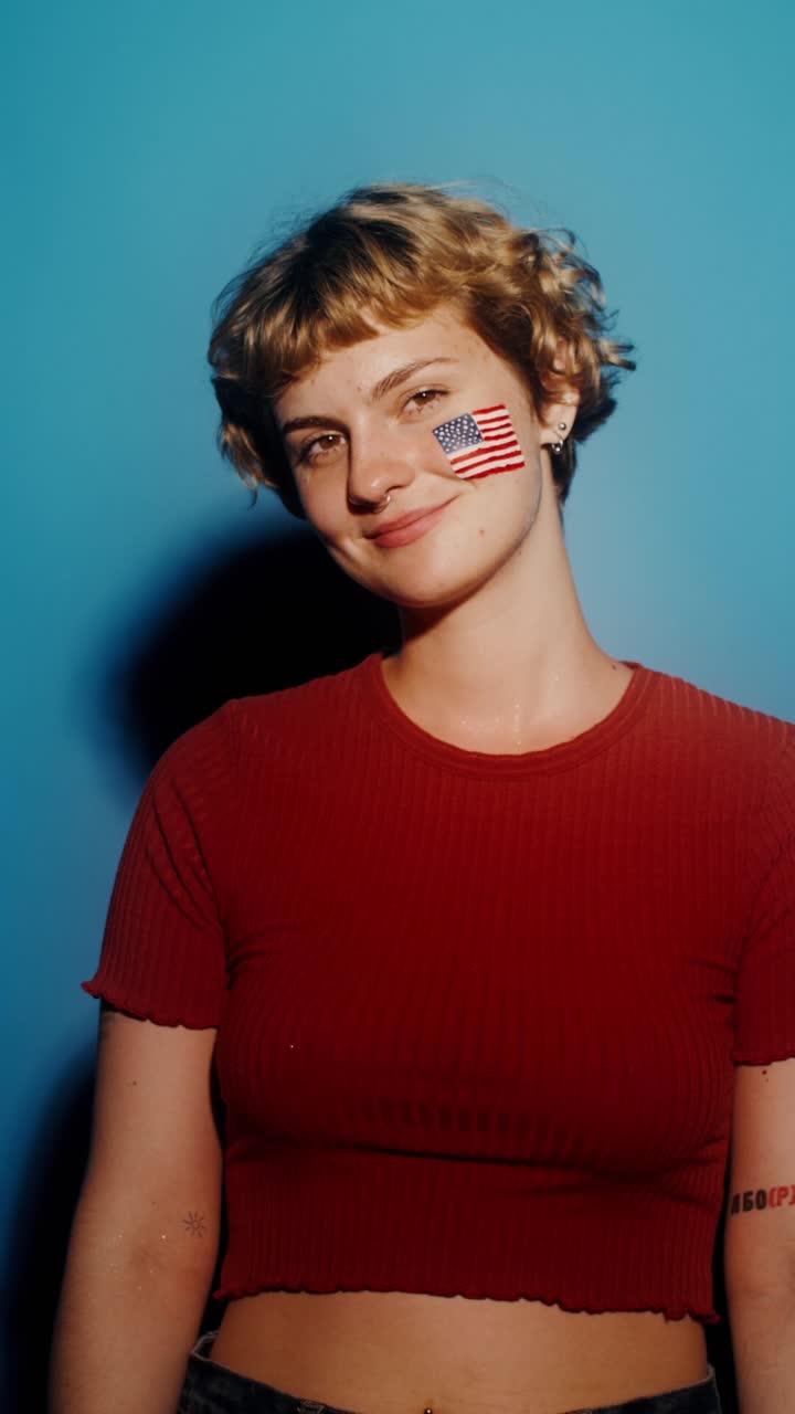 mujer con la bandera americana pintada en la cara