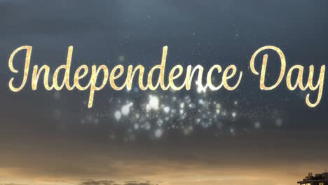 animation of independence day text with glowing lights and stormy sky