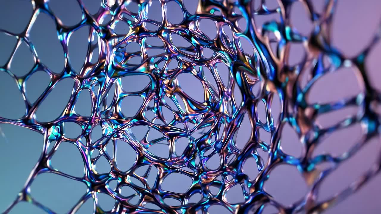 Close-up of an iridescent abstract pattern resembling a network or web structure with vibrant colors and intricate details