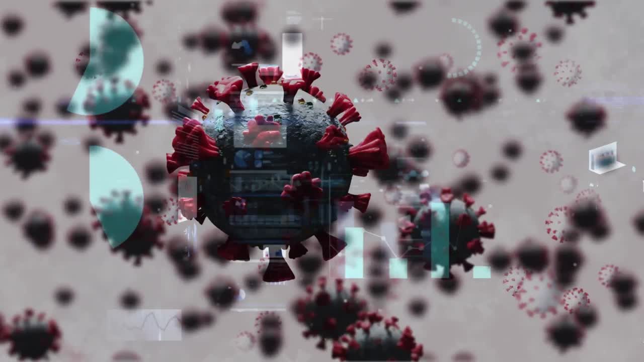 회색 배경의 통계 데이터 처리에 대항하는 여러 코로나19 세포의 디지털 애니메이션