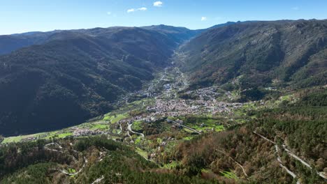 top drone view of manteigas village in zêzere glacier valley, serra da estrela