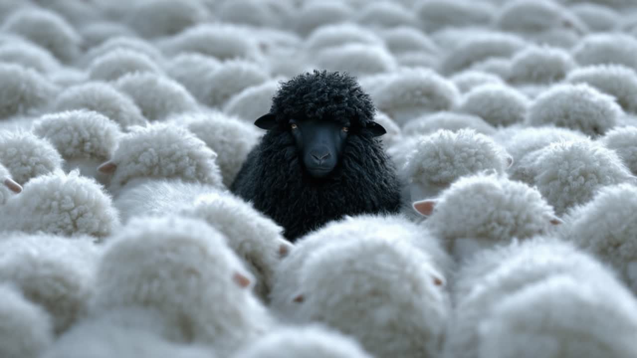 In a Sea of White: A Lone Black Sheep Stands Out Amongst a Flock of Fluffy White Sheep, Emphasizing Individuality and Contrast in Nature