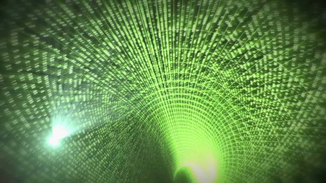 animación digital de un punto de luz contra un túnel digital verde en el fondo