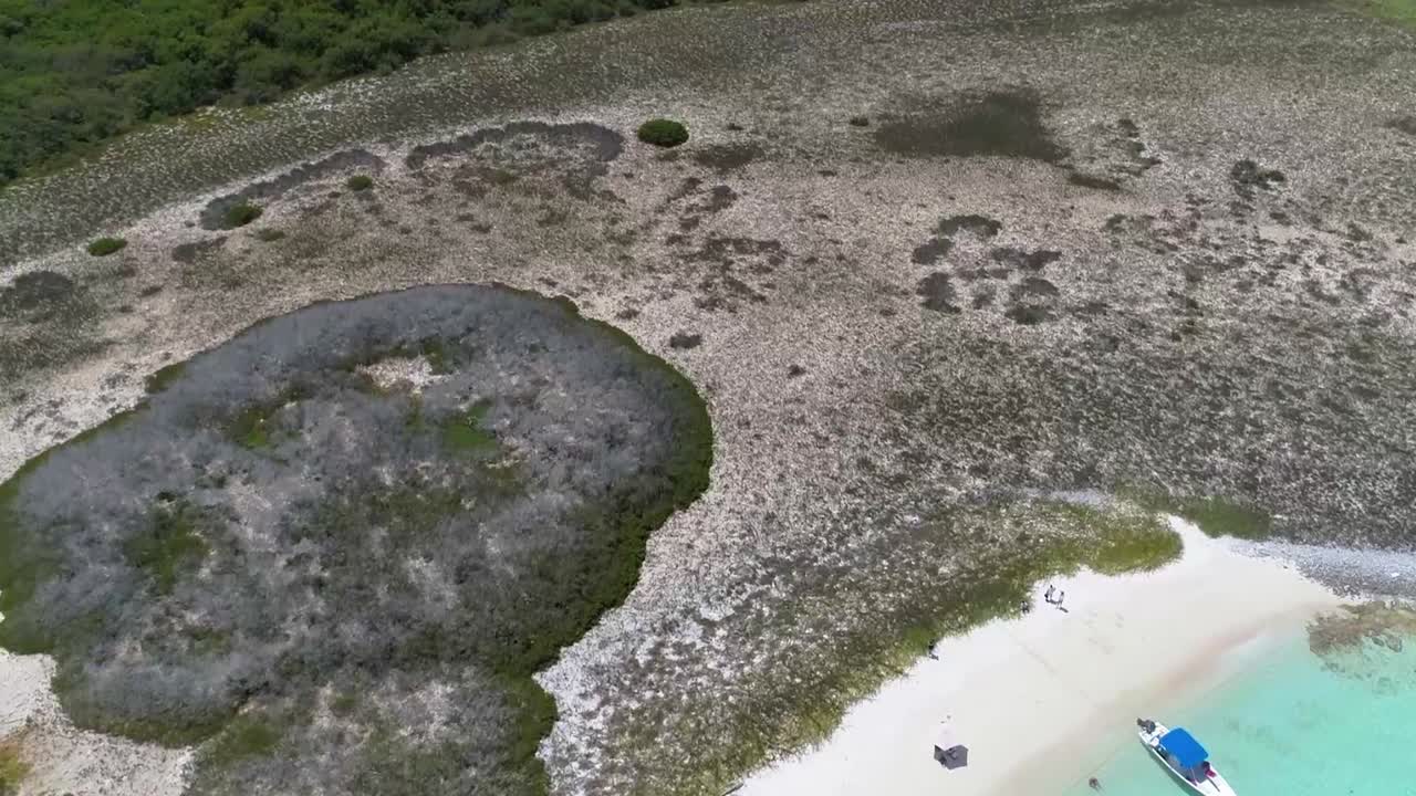 Ripresa aerea con movimento tilt-up sull'isola di Noronqui, Arcipelago di Los Roques, Venezuela, che rivela acque turchesi e spiagge di sabbia bianca, mostrando uno splendido scenario di isola caraibica tropicale
