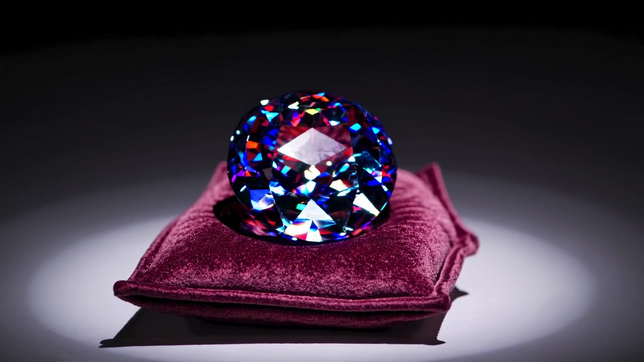 Sparkling Diamond Gemstone Rotating on a Red Velvet Cushion