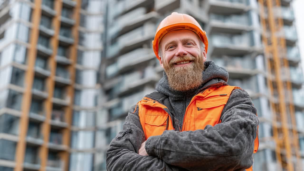 A joyful construction worker in an orange safety vest and helmet stands confidently at a building site, showcasing pride in his work amidst the developing urban landscape