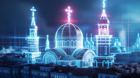 neon architectural rendering of a church