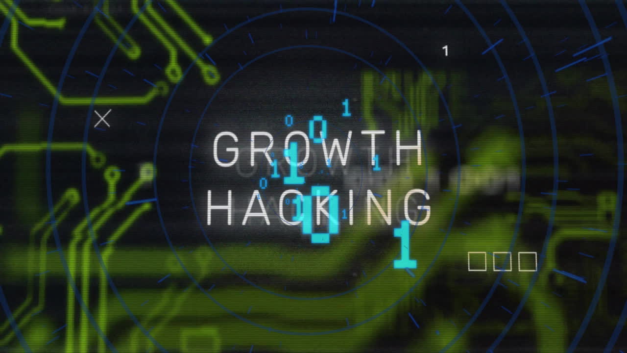 Text animation Growth Hacking over digital circuit board background