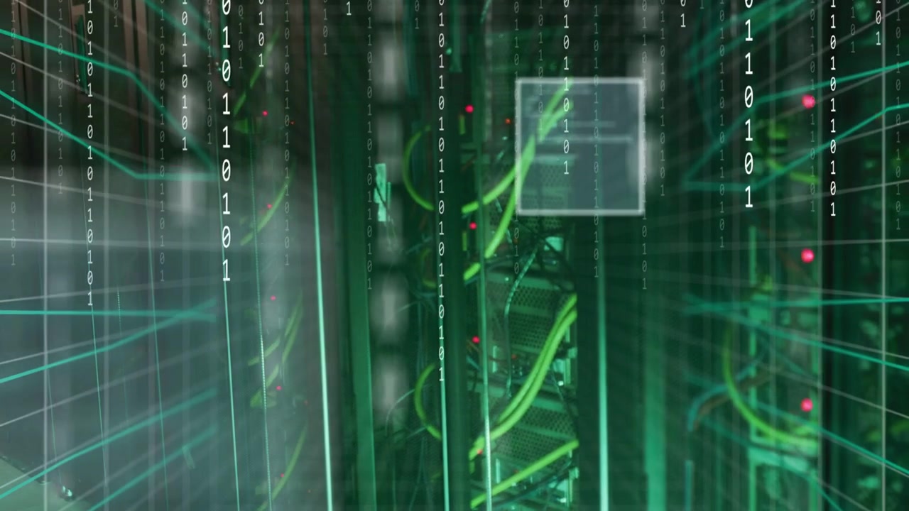 Serverrack, der viser kabler, mens et UI-panel dukker op og streamer binær data over racket til IT-drift.