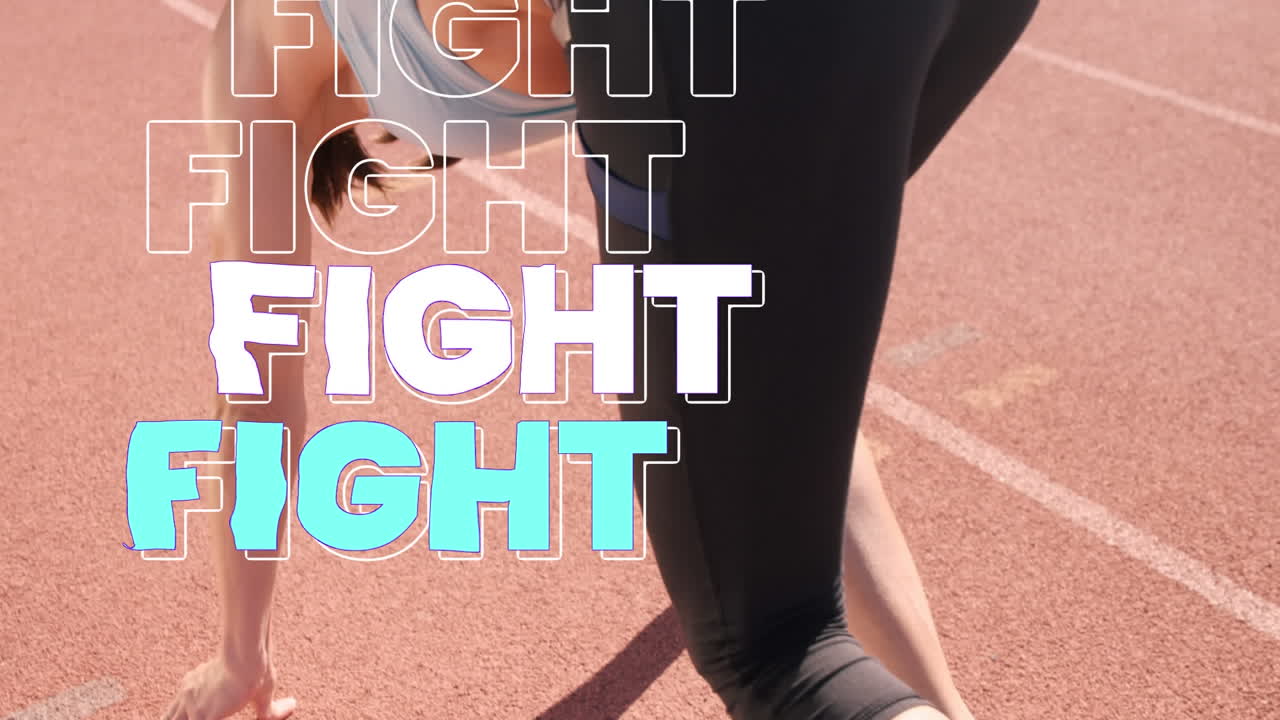 여성이 경주를 시작하는 색과 파란색의 윤에서 반복되는 싸움 텍스트의 애니메이션