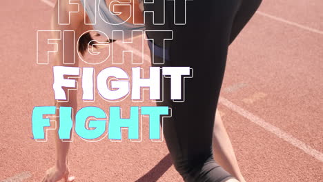 animation of fight text in repetition in outline, white and blue over woman starting race