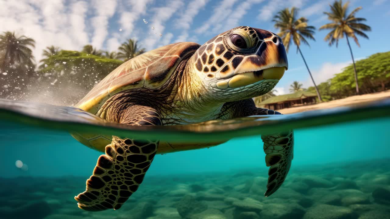 Vibrant underwater video scene of a sea turtle swimming near the surface