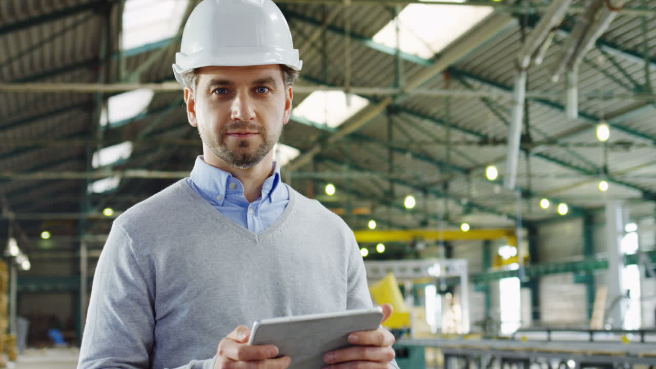 Caucasian male worker wearing a helmet using a tablet and looking at the camera in a factory
