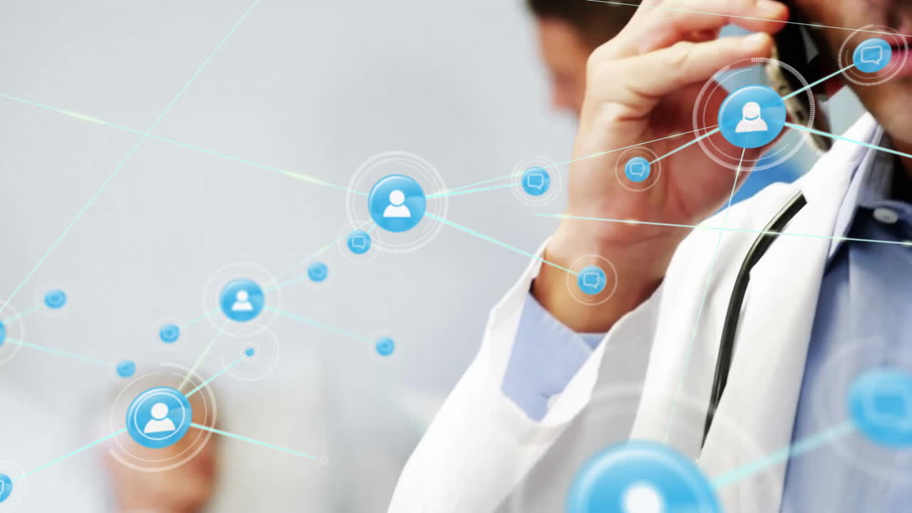 스마트 폰으로 대화하는 백인 남성 의사에 대한 연결 네트워크의 애니메이션