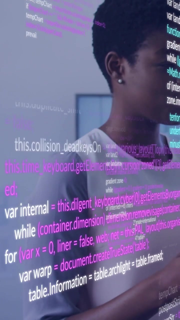 Vertical video: Woman with phone tapping while scrolling code overlay advancing across torso for IT
