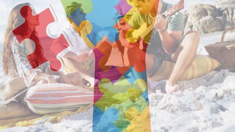 animación de coloridas piezas de rompecabezas entrega de amigos felices en la fiesta de playa de verano