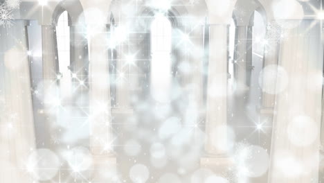 nieve cayendo con círculos de navidad de luz bokeh