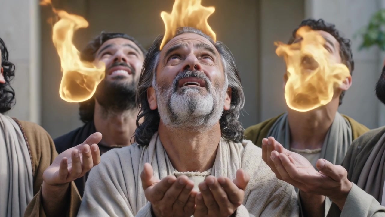 Un uomo anziano in vesti, con le mani giunte, prega in un tempio, mentre lingue di fuoco appaiono sopra le teste.