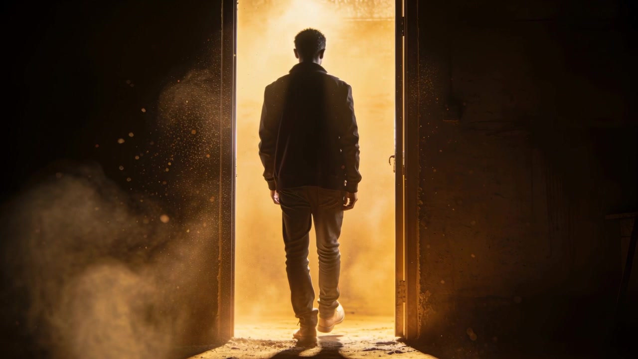 Walking man in jacket and boots stepping through dusty warehouse doorway, light drawing him forward